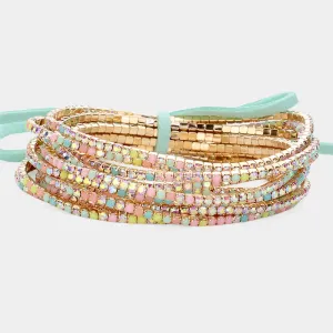 12 Multi Colored Pastel Rhinestone Layered Stretch Pageant Bracelets on Gold | Fun Fashion Bracelets |  643050