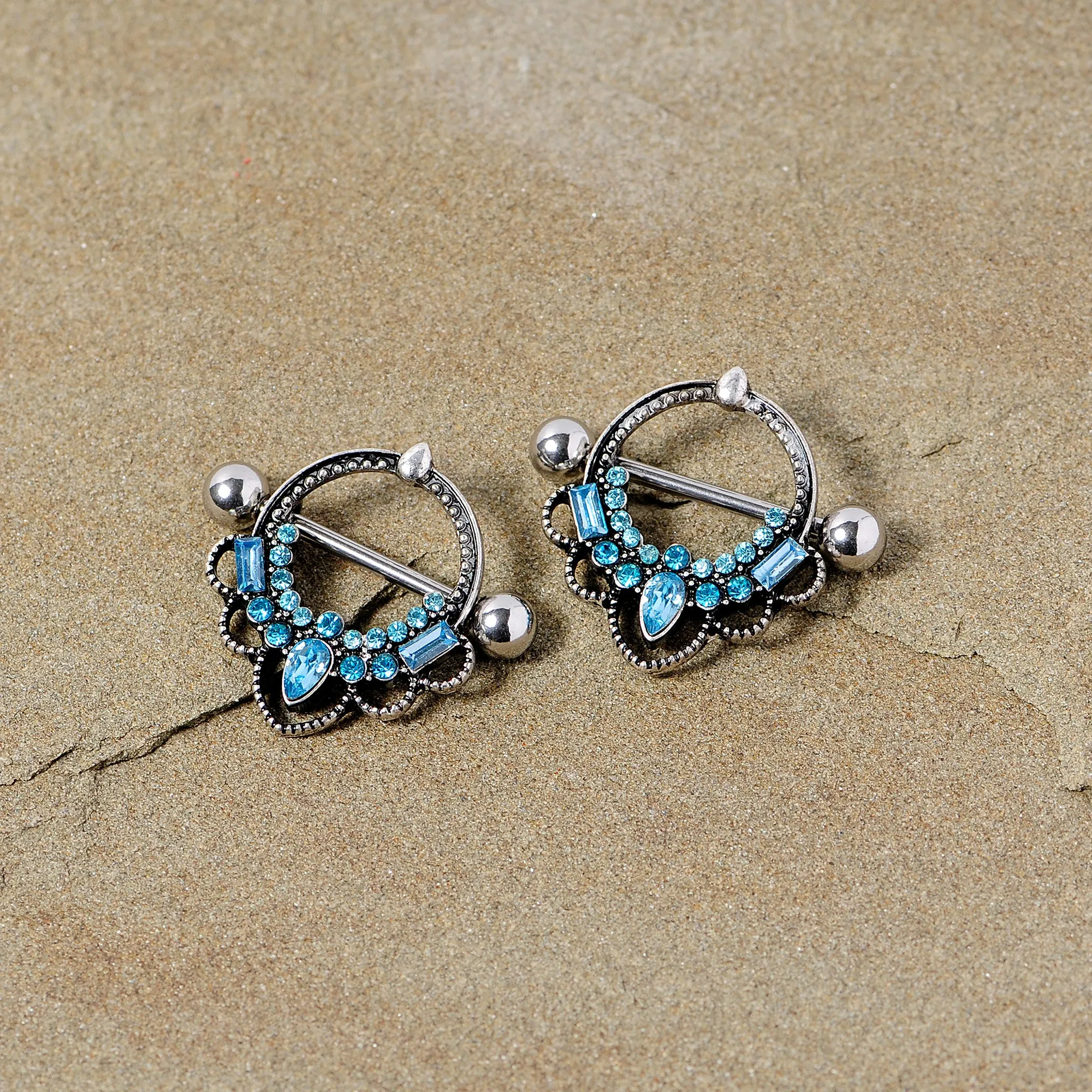 14 Gauge 5/8 Aqua Gem Filigree Nipple Shield Set