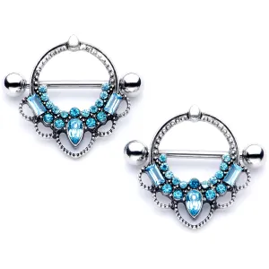14 Gauge 5/8 Aqua Gem Filigree Nipple Shield Set