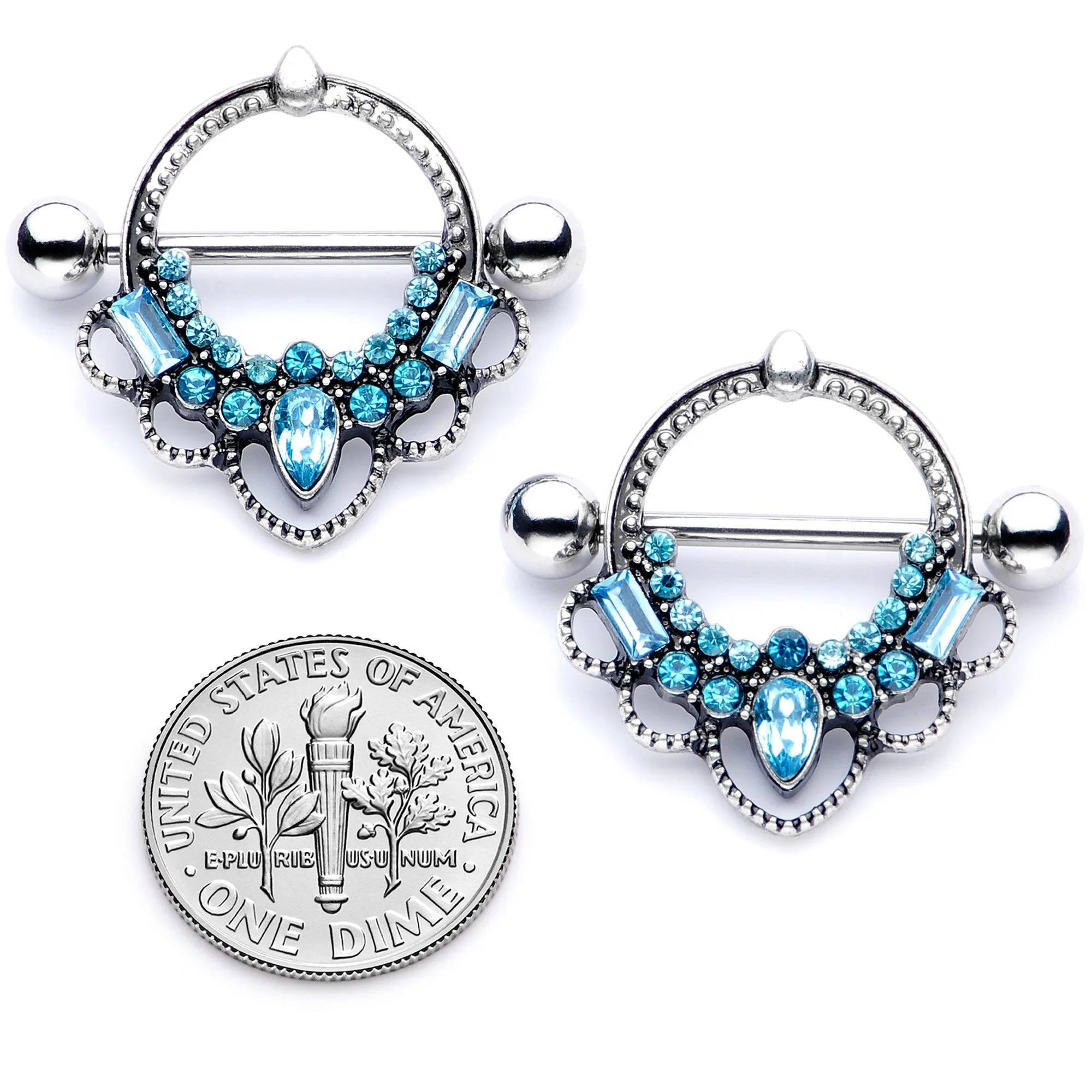 14 Gauge 5/8 Aqua Gem Filigree Nipple Shield Set