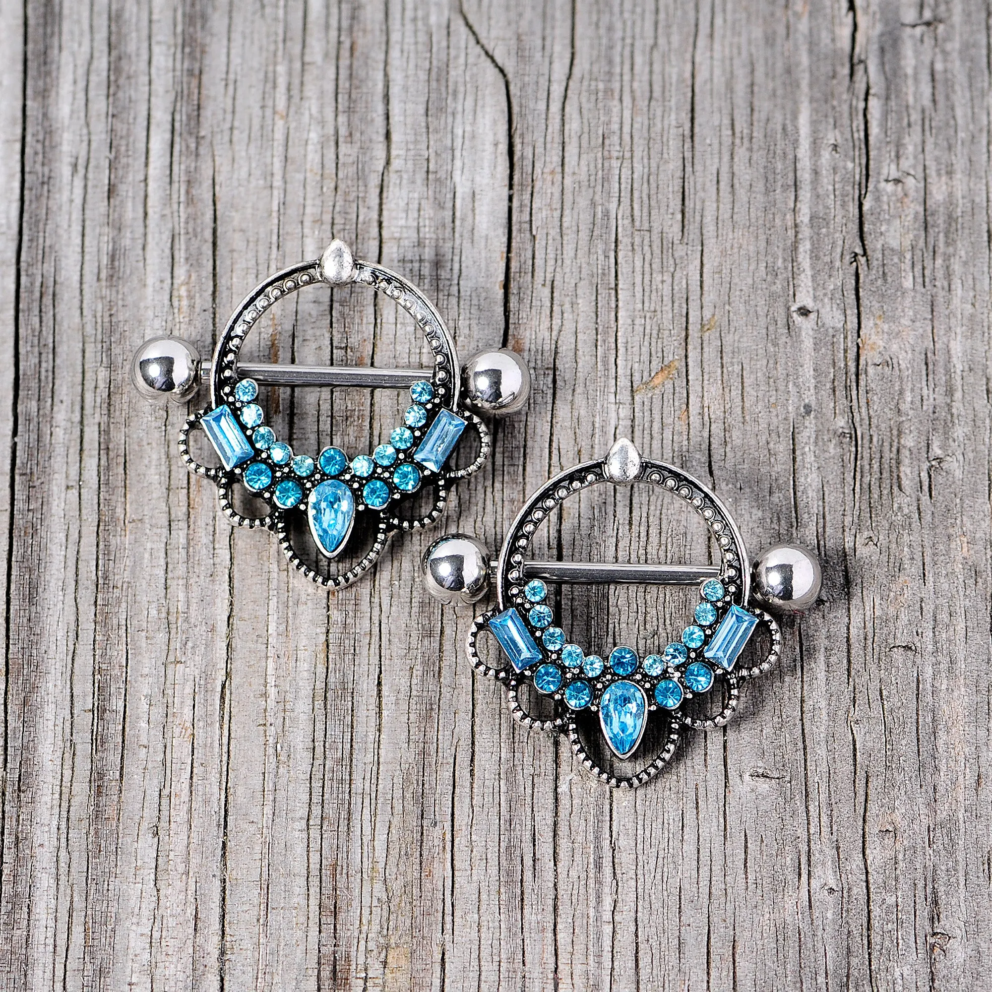 14 Gauge 5/8 Aqua Gem Filigree Nipple Shield Set