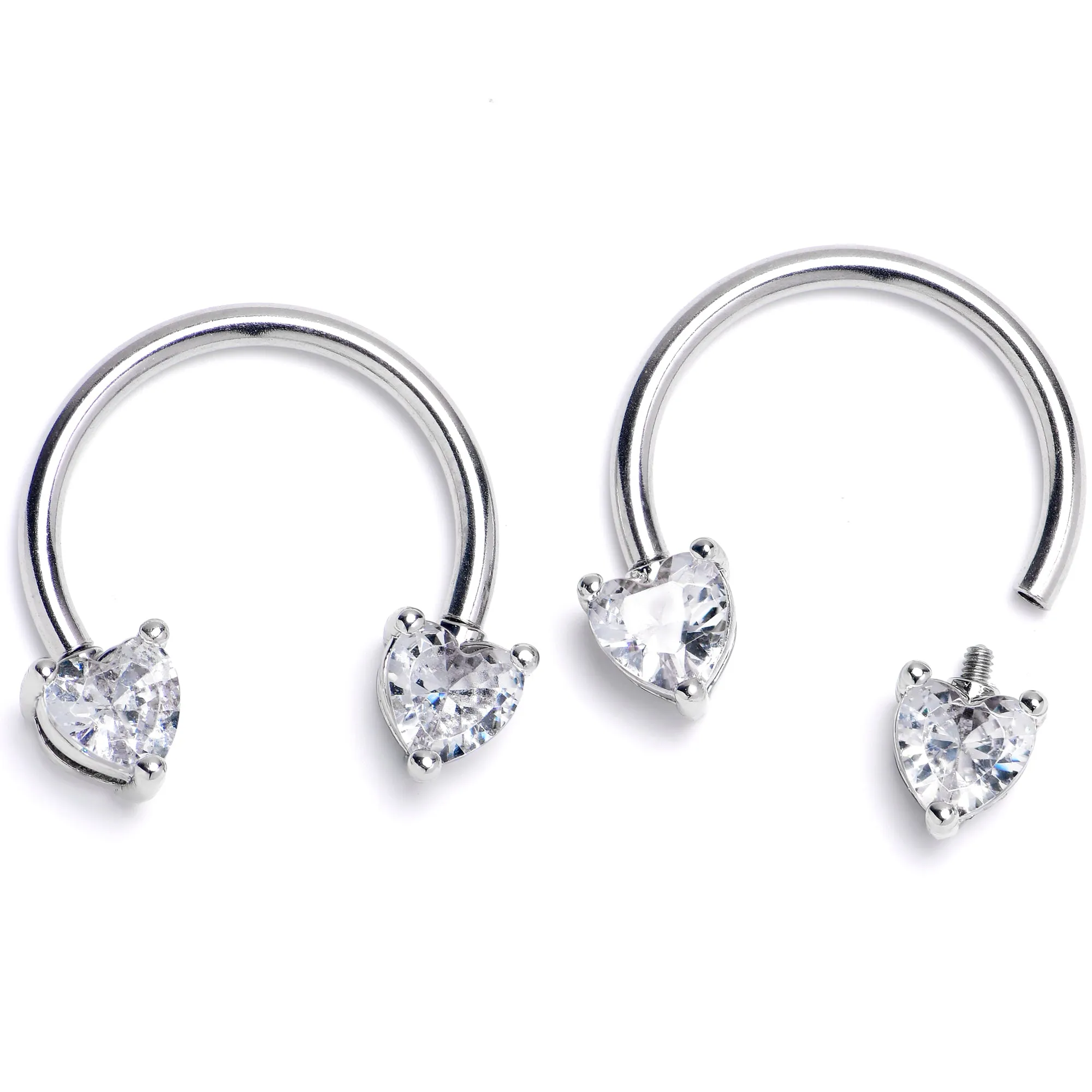 14 Gauge 9/16 Clear CZ Gem Heart Internally Threaded Horseshoe Set