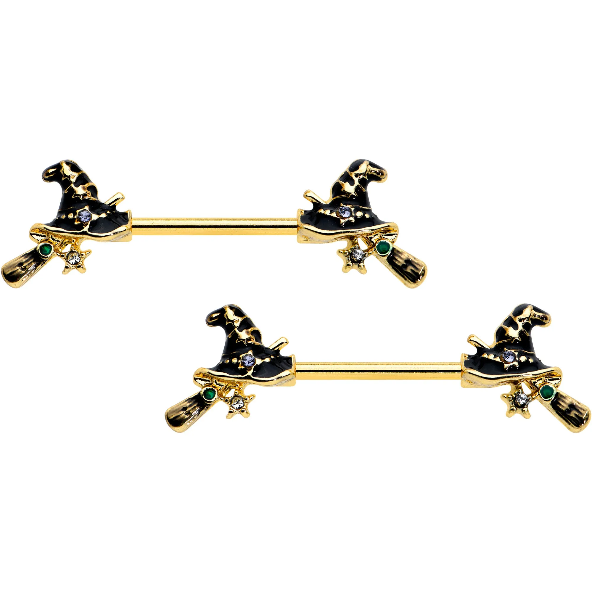 14 Gauge 9/16 Clear Gem Gold Tone Witch Hat Broom Nipple Ring Set