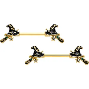 14 Gauge 9/16 Clear Gem Gold Tone Witch Hat Broom Nipple Ring Set