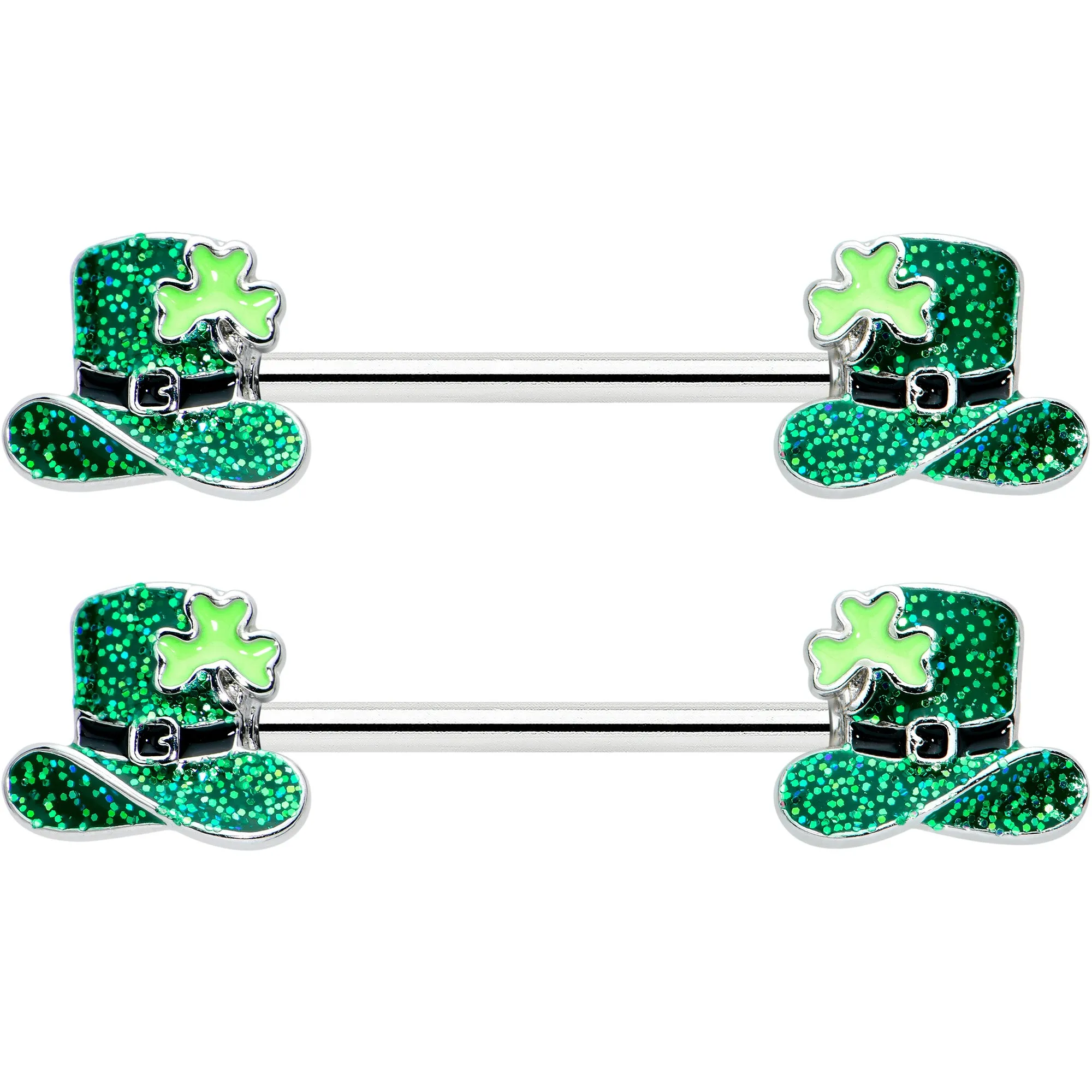 14 Gauge 9/16 Glitter Top Hat Shamrock Barbell Nipple Ring Set