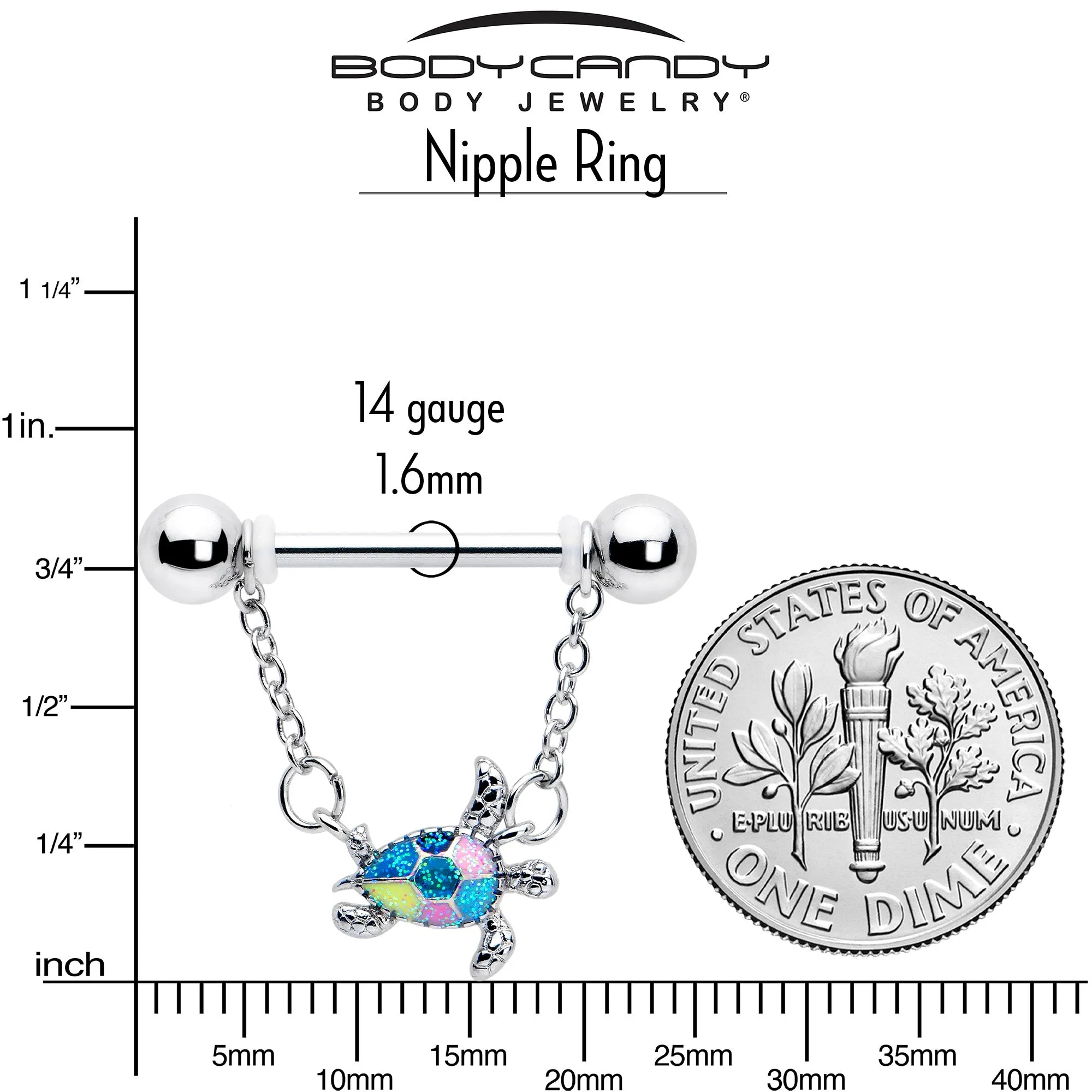 14 Gauge 9/16 Glitter Turtle Chain Dangle Nipple Ring Set