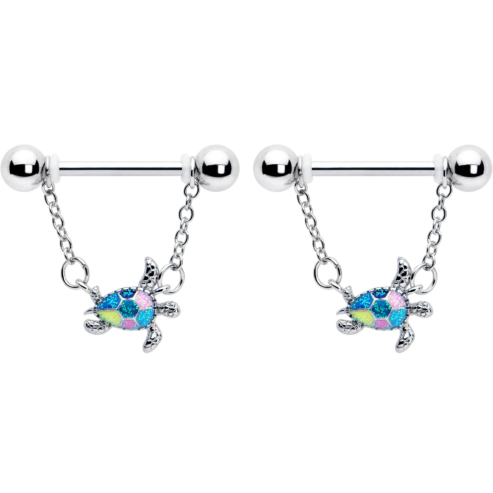 14 Gauge 9/16 Glitter Turtle Chain Dangle Nipple Ring Set