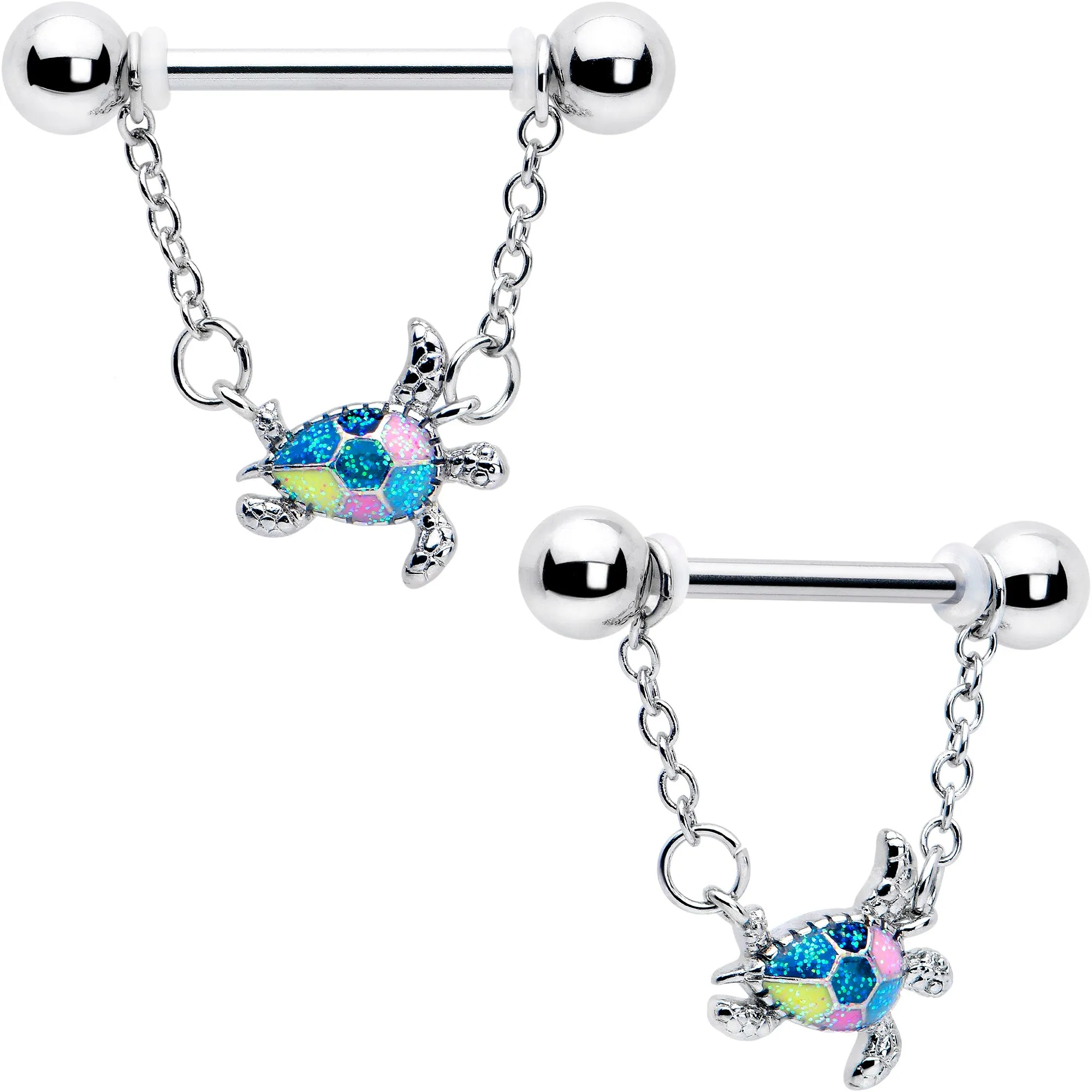 14 Gauge 9/16 Glitter Turtle Chain Dangle Nipple Ring Set