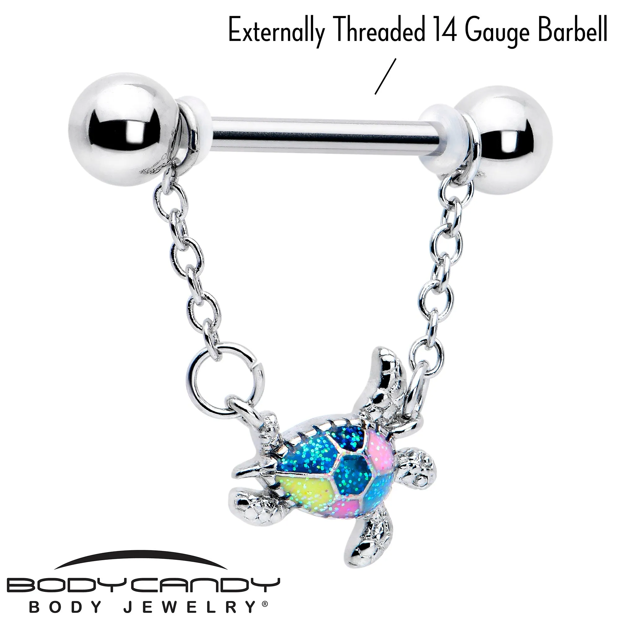 14 Gauge 9/16 Glitter Turtle Chain Dangle Nipple Ring Set