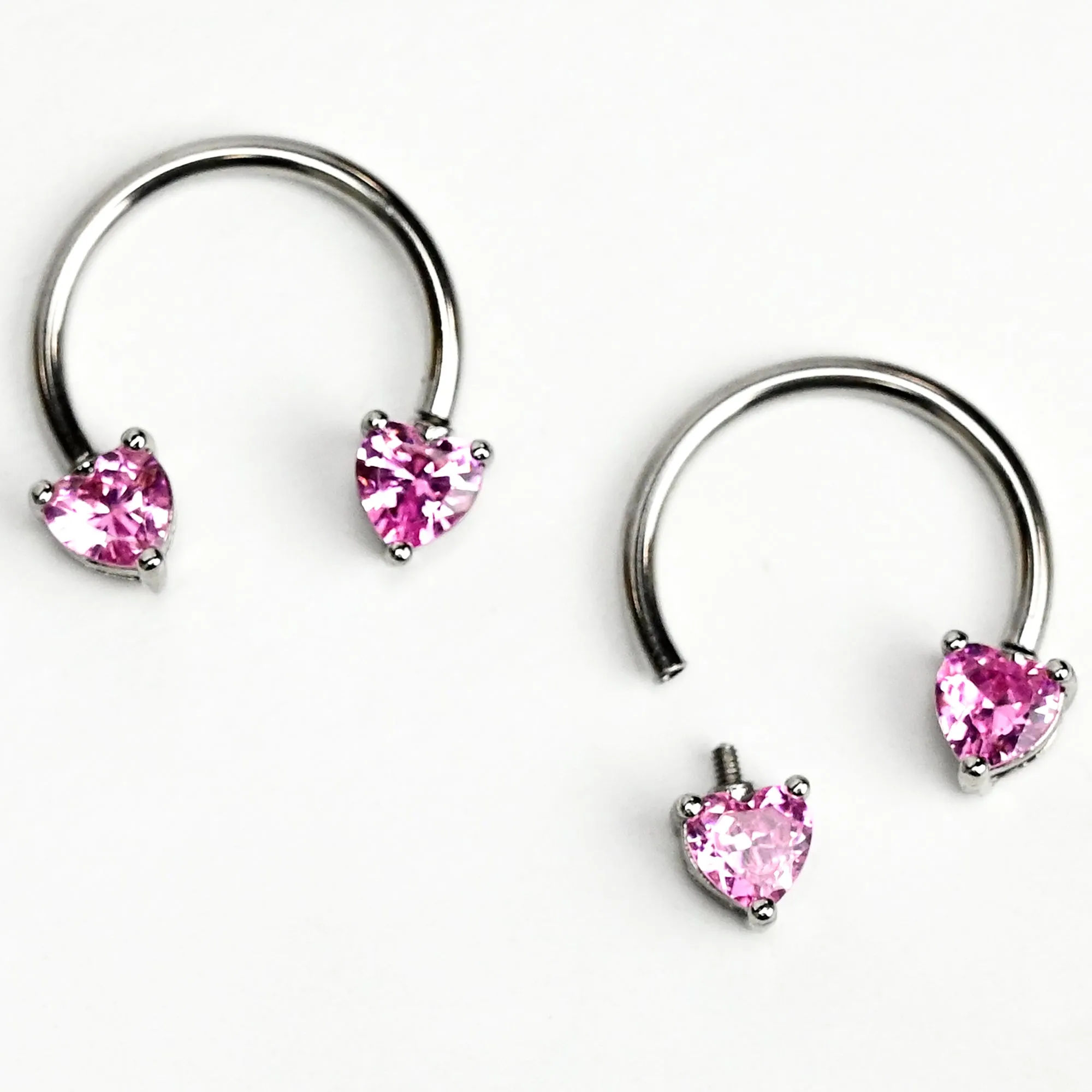 14 Gauge 9/16 Pink Gem Heart Internally Threaded Horseshoe Nipple Ring Set