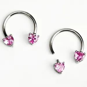 14 Gauge 9/16 Pink Gem Heart Internally Threaded Horseshoe Nipple Ring Set