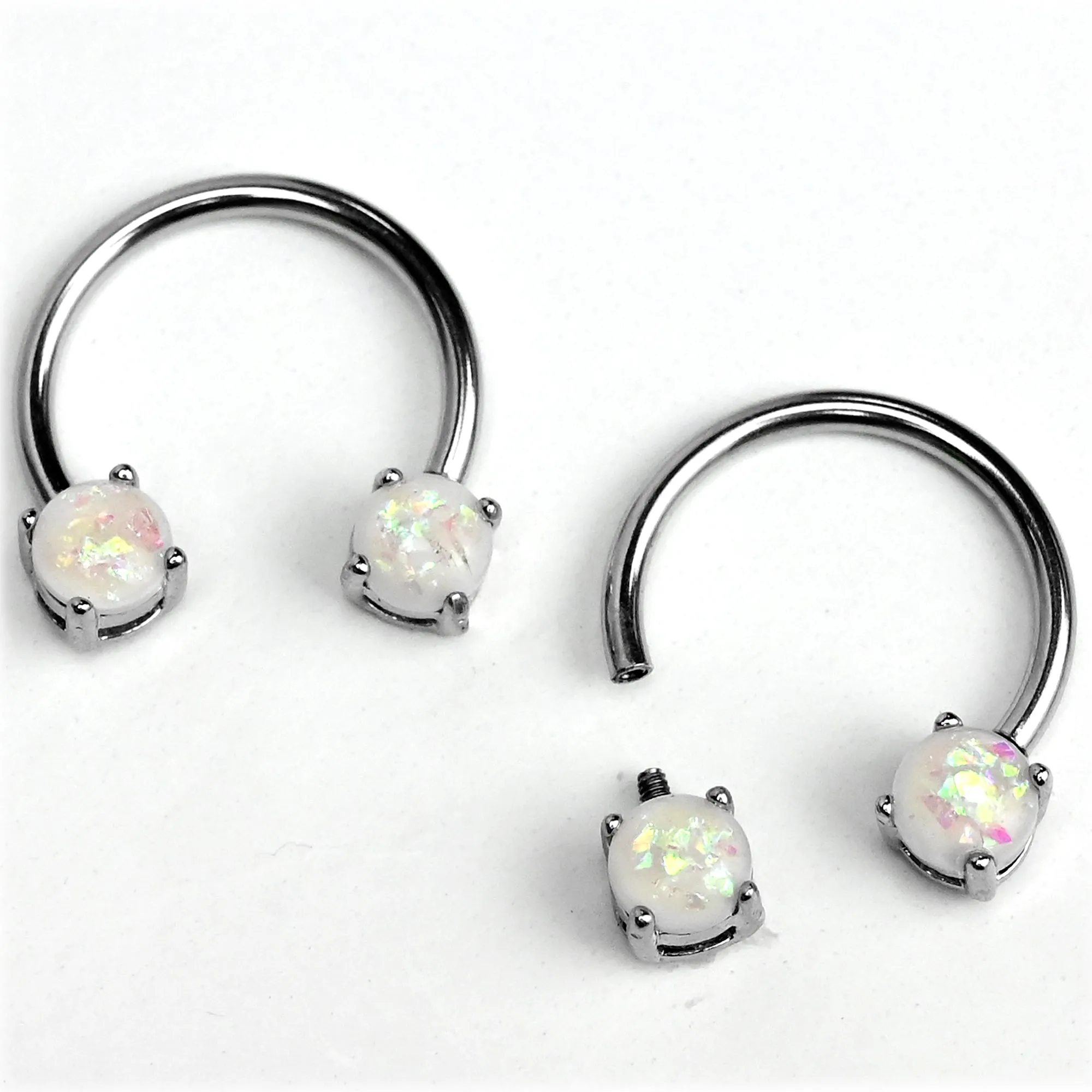 14 Gauge 9/16 White Faux Opal Internally Threaded Horseshoe Nipple Ring Set