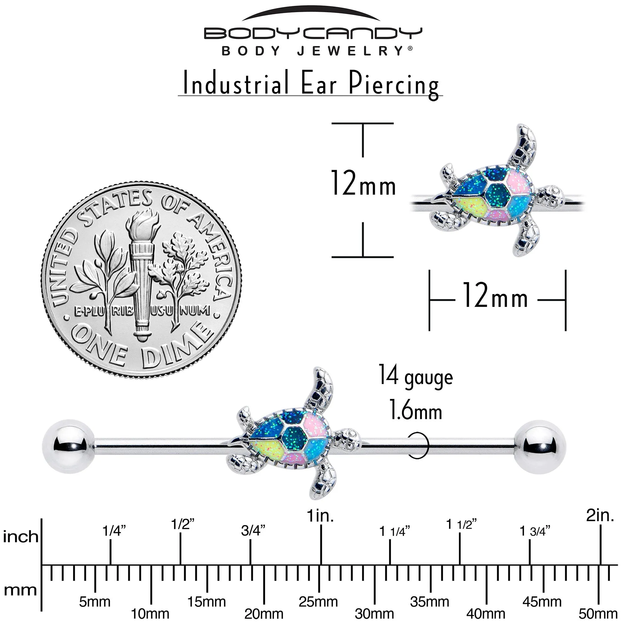 14 Gauge Glitter Turtle Industrial Barbell 38mm