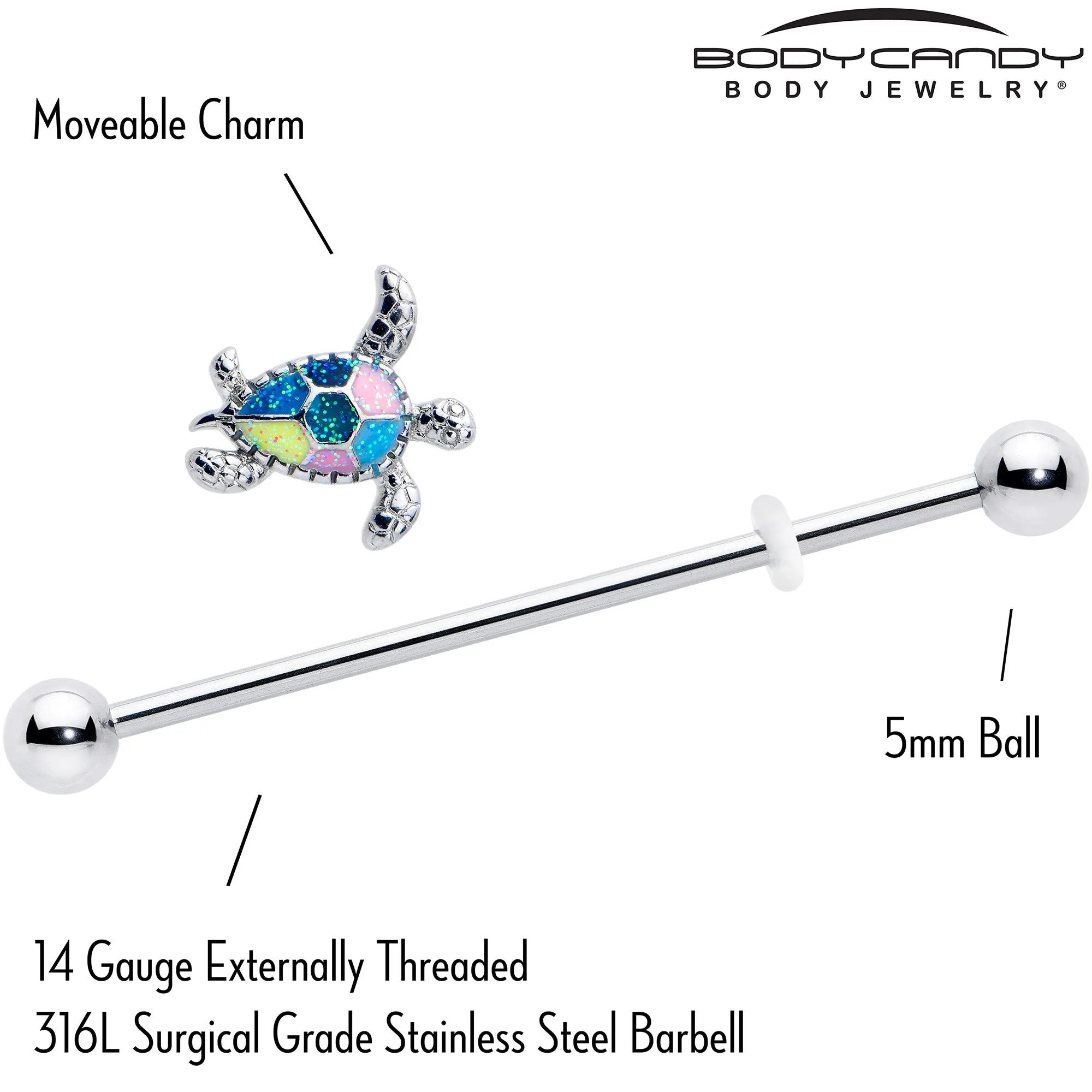 14 Gauge Glitter Turtle Industrial Barbell 38mm