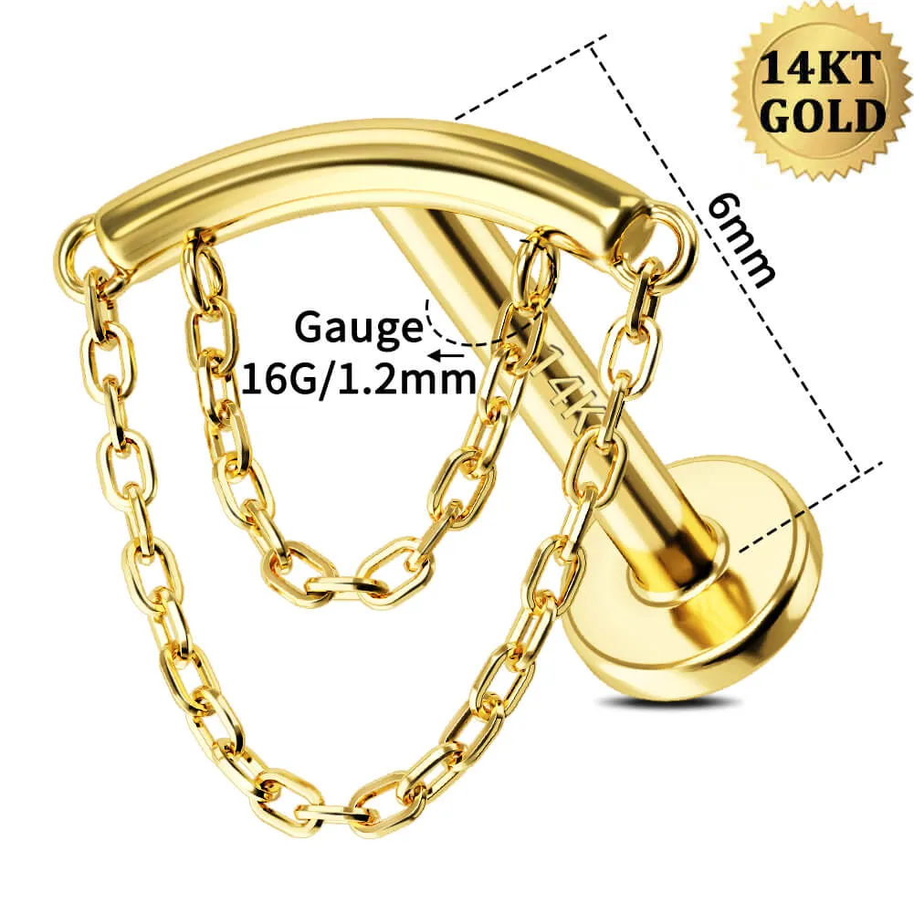 14K Solid Gold Double Chain Drape Internally Threaded Helix Piercing