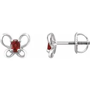 14K White 4x3 mm Oval January Youth Butterfly Birthstone Earrings