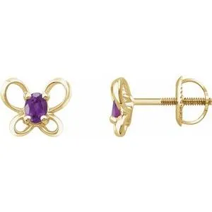 14K Yellow 4x3 mm Oval February Youth Butterfly Birthstone Earrings