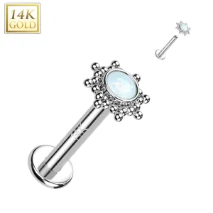 14KT White Gold White Opal Beaded Internally Threaded Flat Back Labret