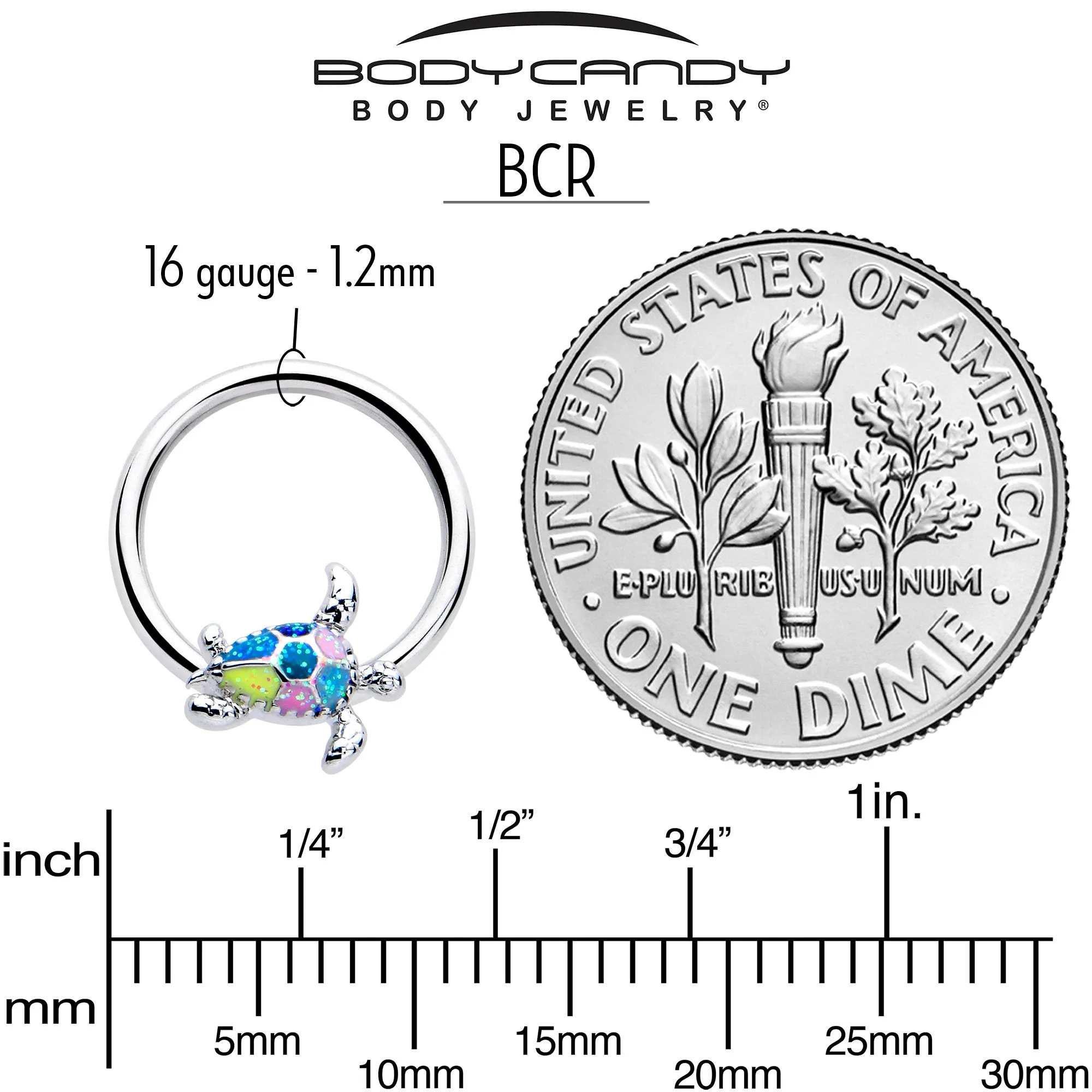 16 Gauge 3/8 Glitter Turtle BCR Captive Ring