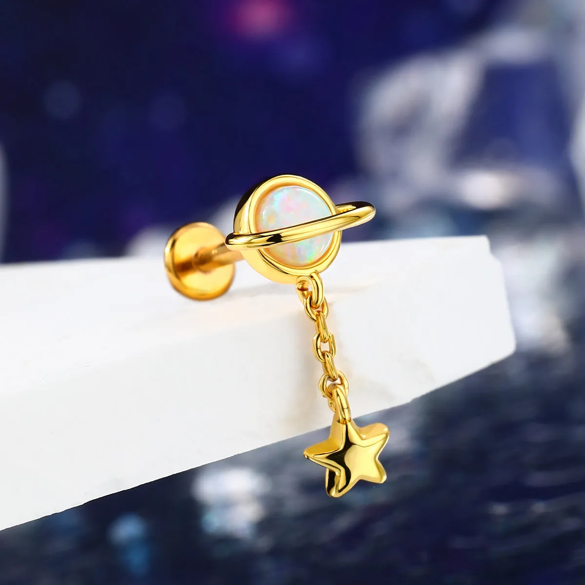 16G Internally Threaded Star Dangle Planet Labret Stud Cartilage Earring