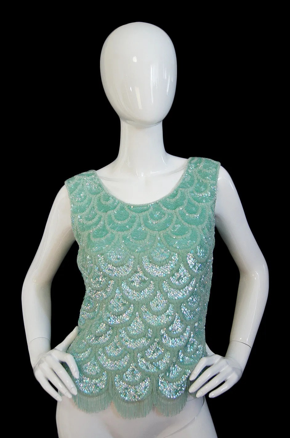 1960s Pale Green Sequin & Fringe Top