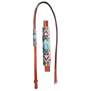 4ft Leather over & under whip with teal, red, and gold cross designed beaded overlay