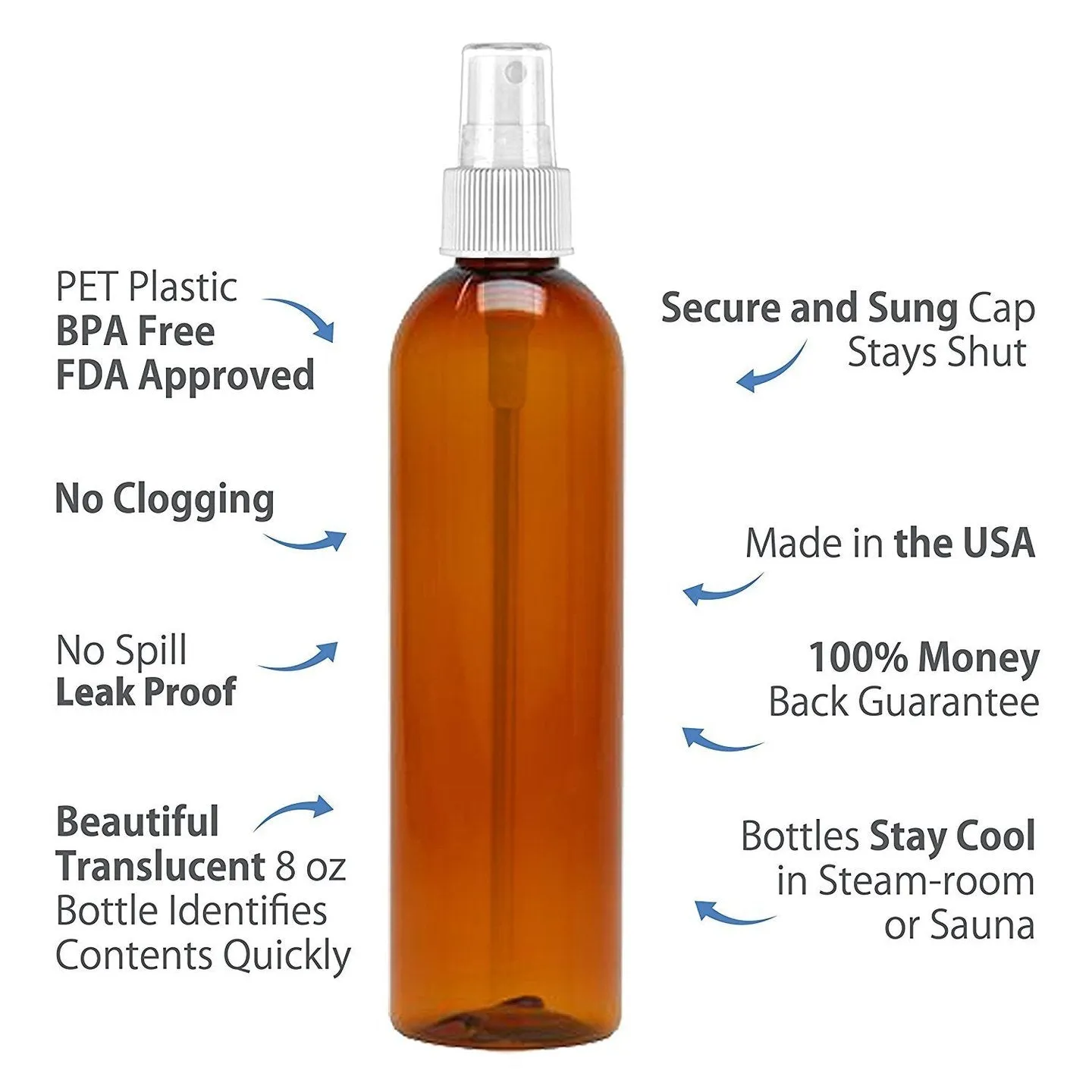 8OZ Amber PET Plastic Fine Mist Spray Bottle With Mister For DIY Projects & Cosmetic Packaging - Pack Of 10