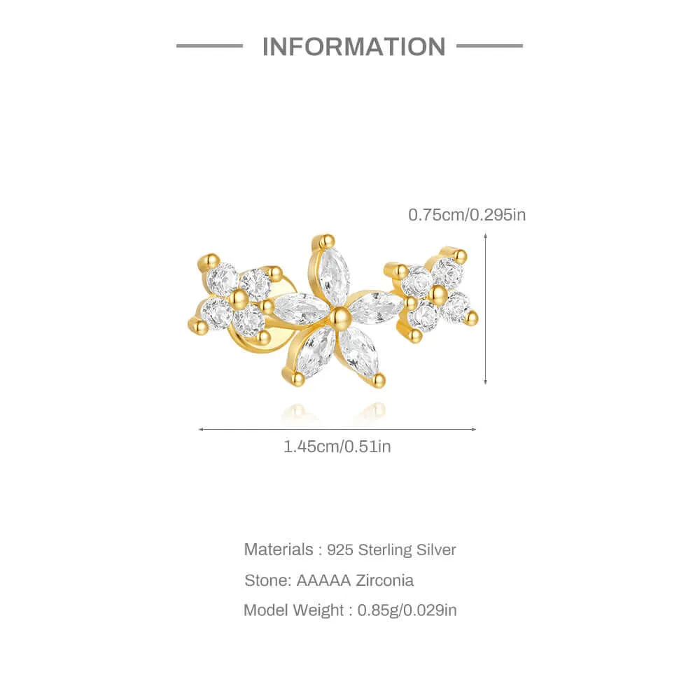 925 Silver Three Flower CZ Diamond Flat Back Earrings