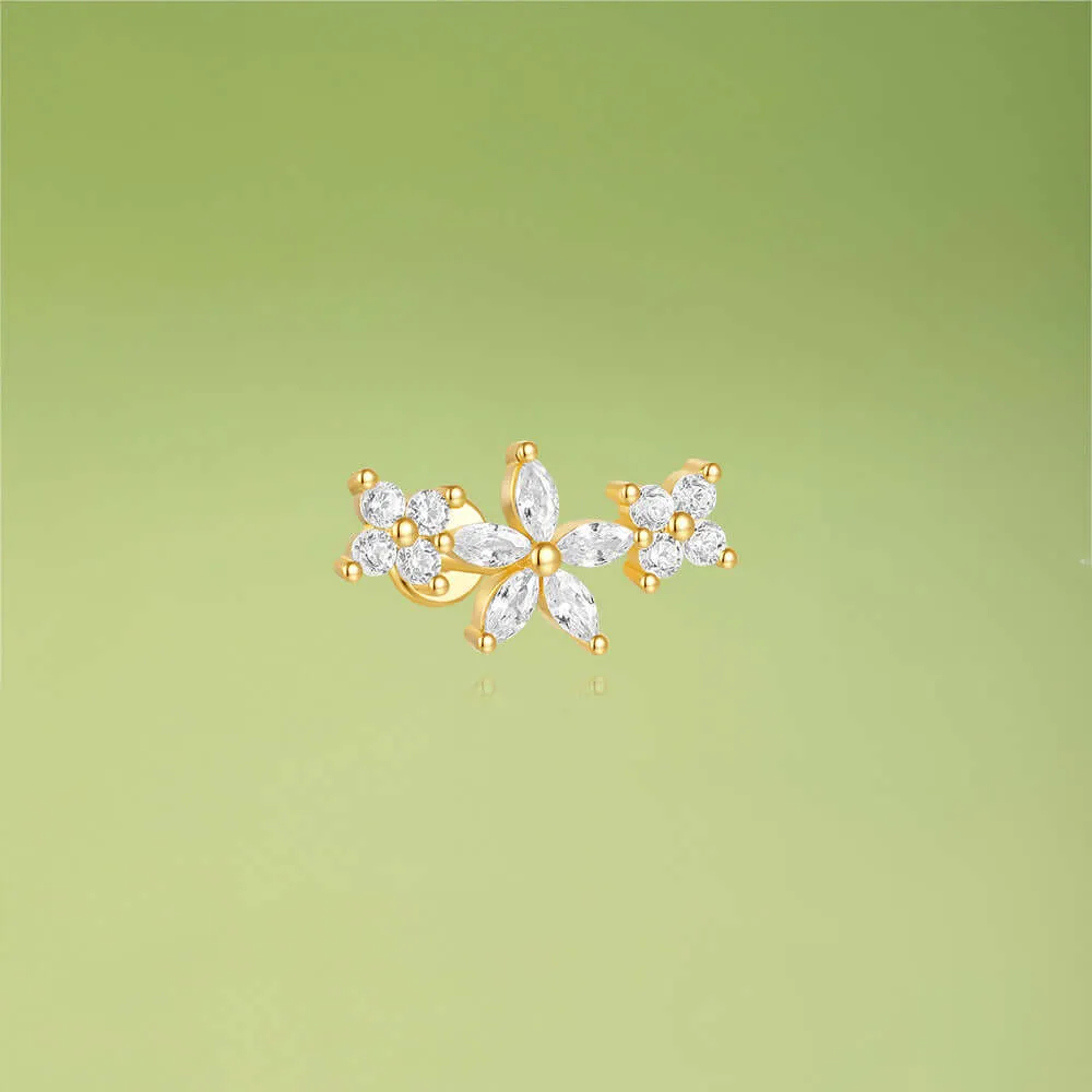 925 Silver Three Flower CZ Diamond Flat Back Earrings