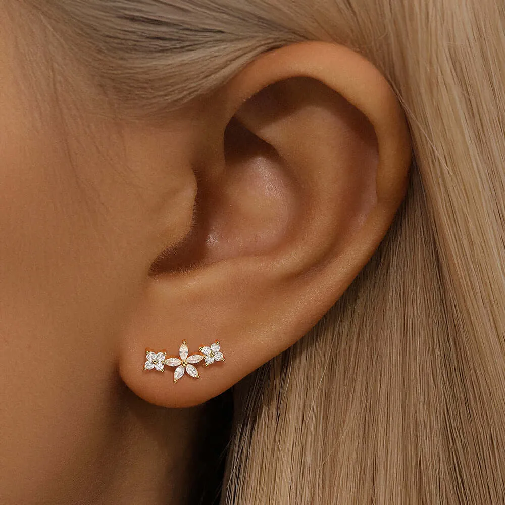 925 Silver Three Flower CZ Diamond Flat Back Earrings