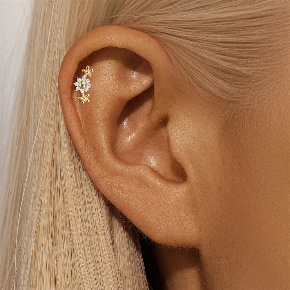 925 Silver Three Flower Flat Back Earrings