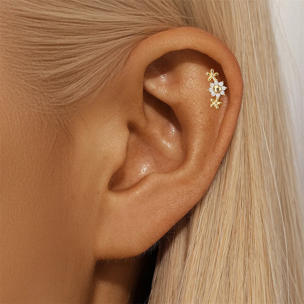 925 Silver Three Flower Flat Back Earrings