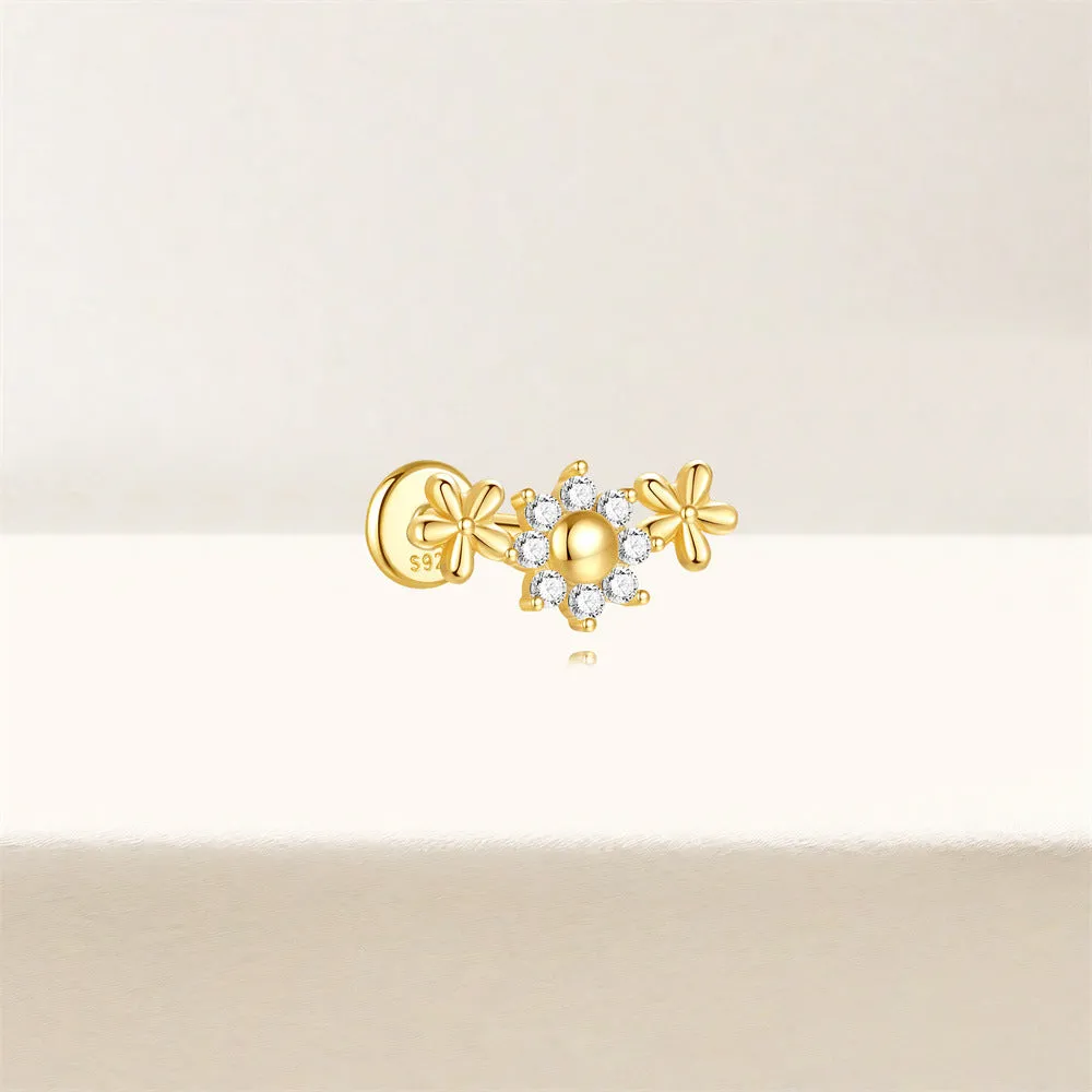 925 Silver Three Flower Flat Back Earrings
