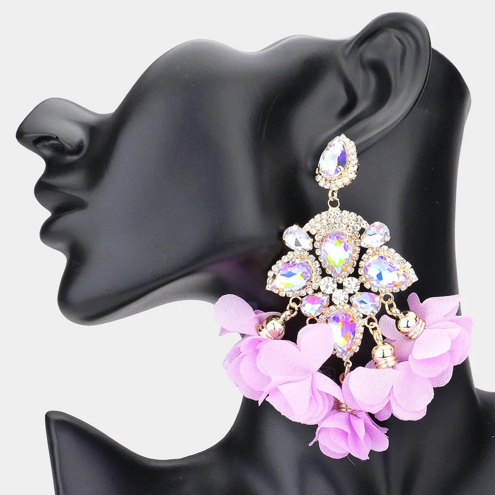 AB Crystal and Lavender Fabric Flower Fun Fashion Chandelier Earrings | 541397