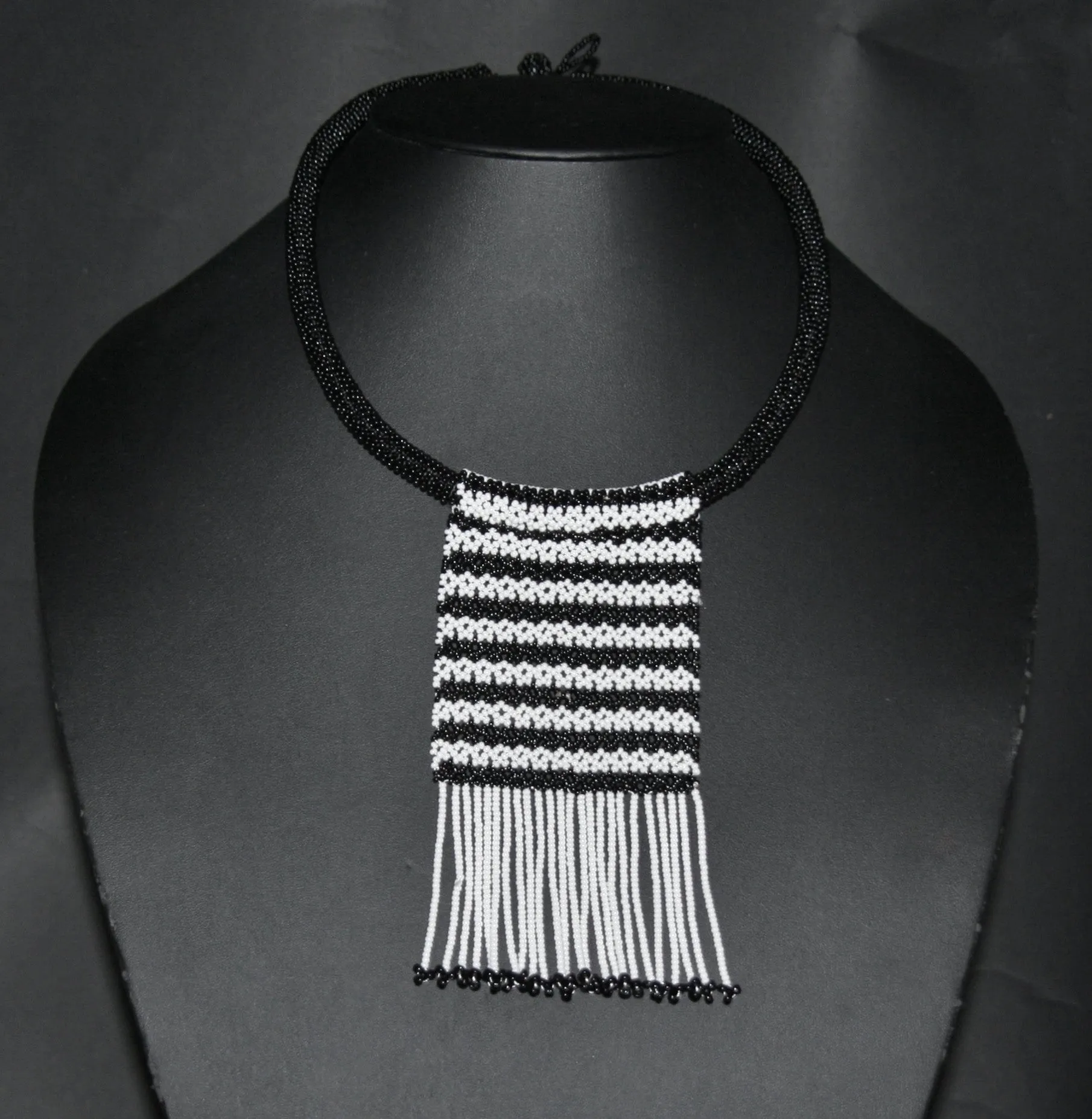 African Zulu Love Beaded Necklace Black White Beaded Fringe