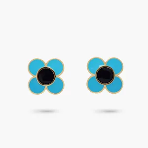 Amare Wear Daisy Flower Blue and Black Enamel Stud Earring