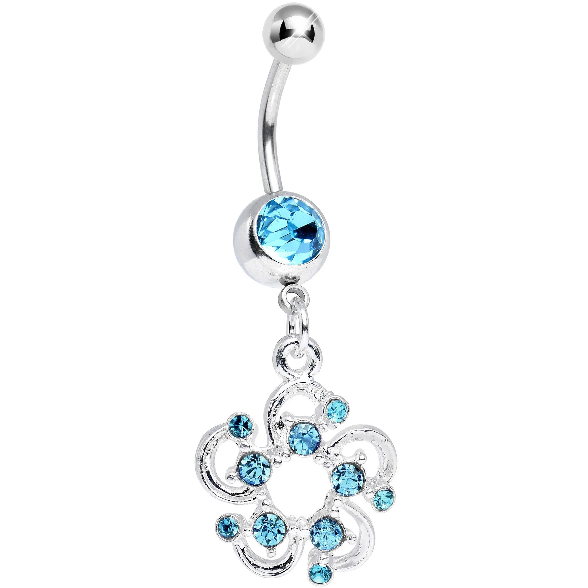 Aqua Gem Summertime Open Flower Petal Dangle Belly Ring