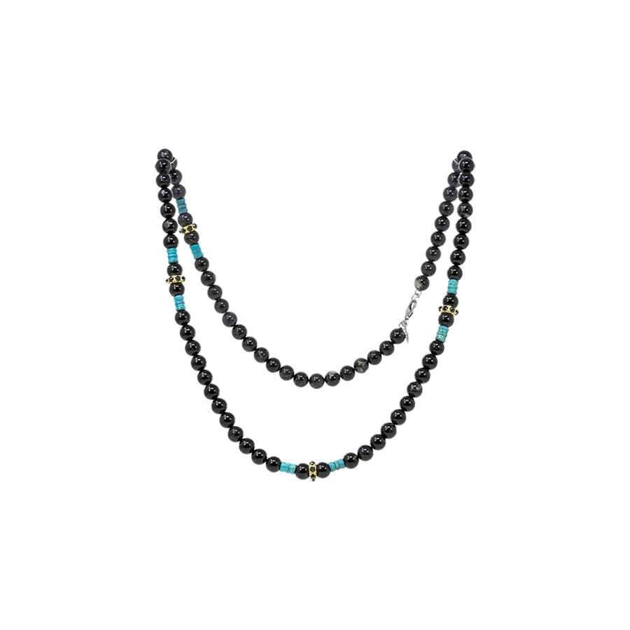 ARTIFACT BEADED TEAL PATINA AND BLACK TOURMALINE NECKLACE