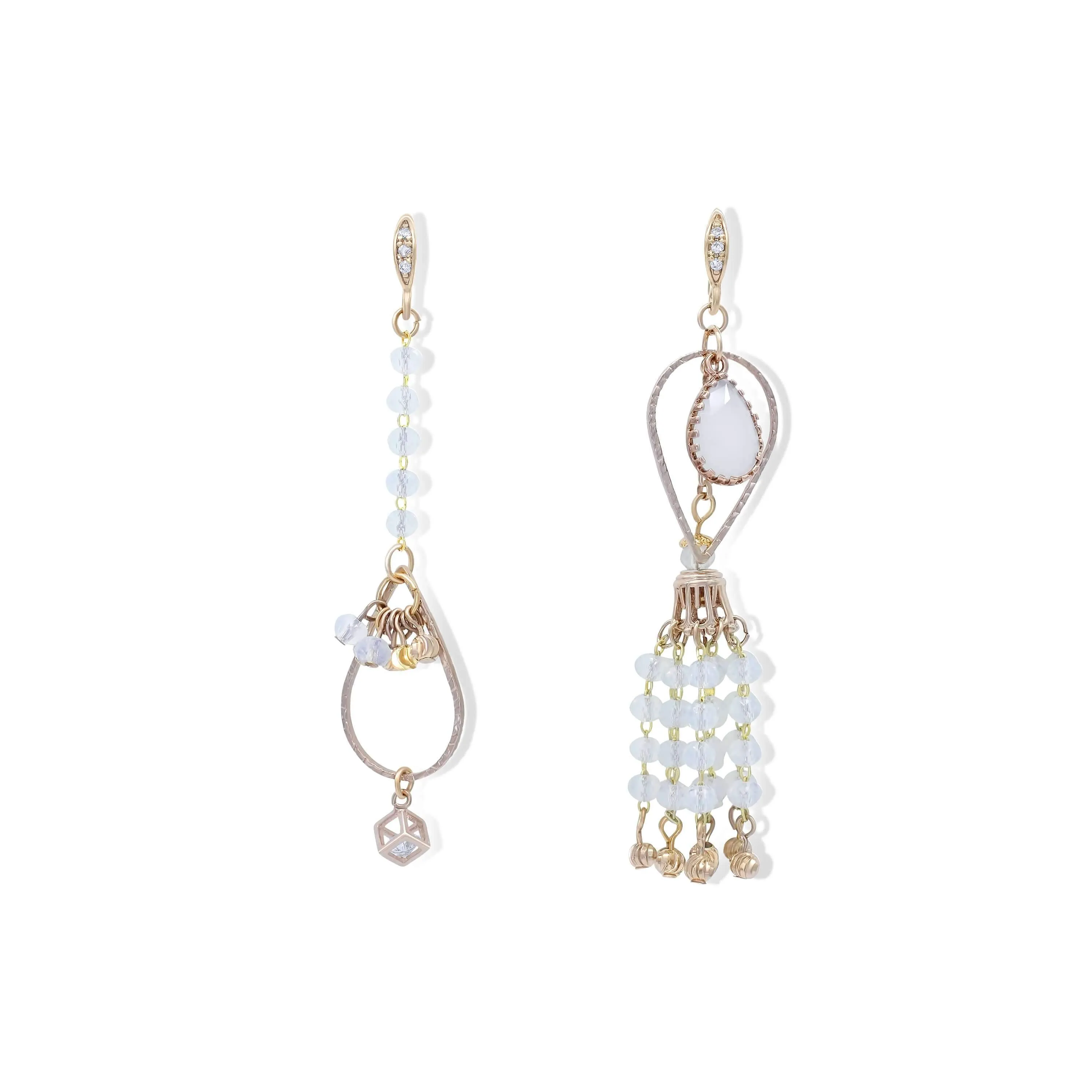 Asymmetric teardrop and beaded tassel statement earrings