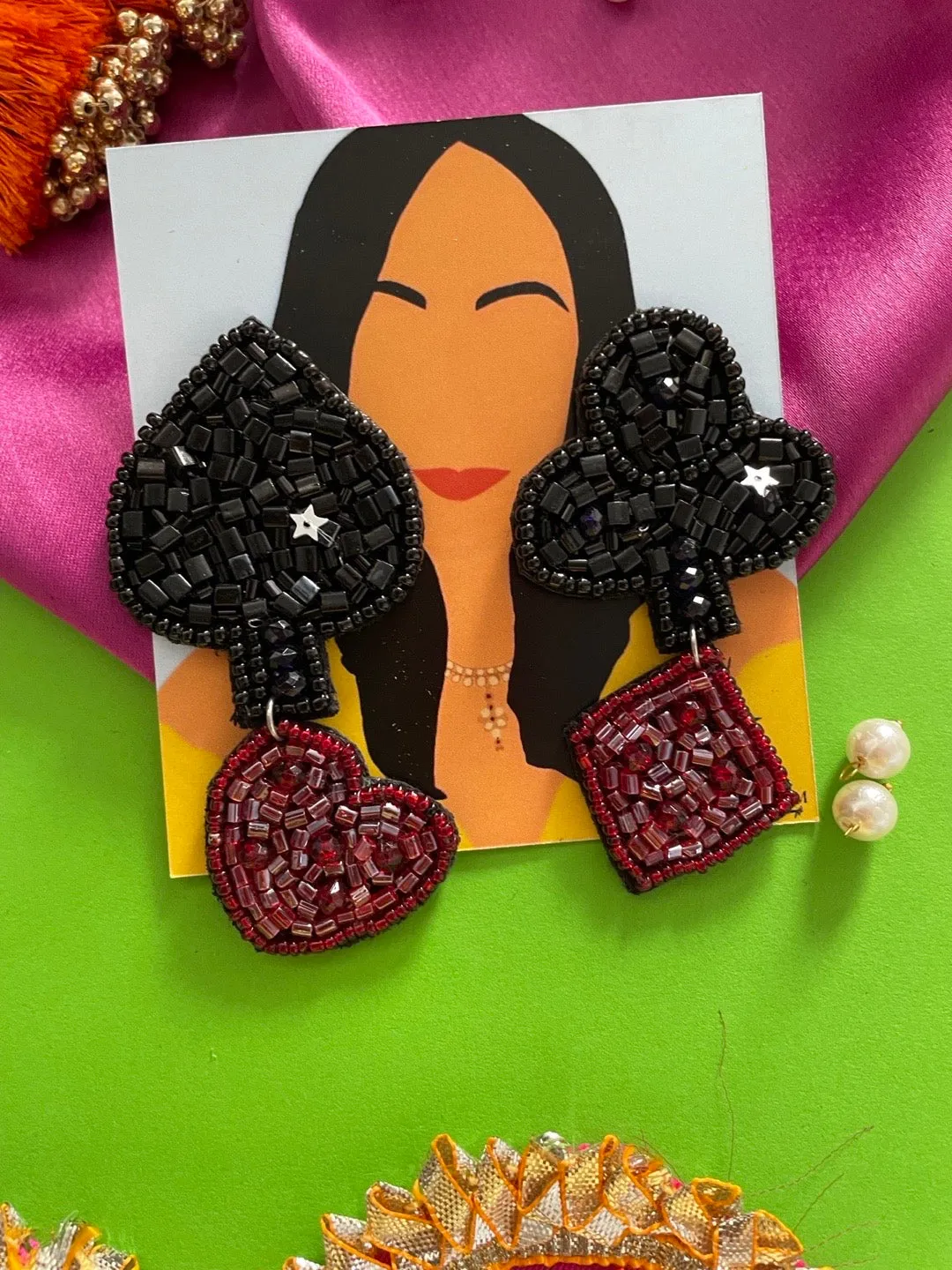 Balck & Maroon Beaded Tash Party Earring