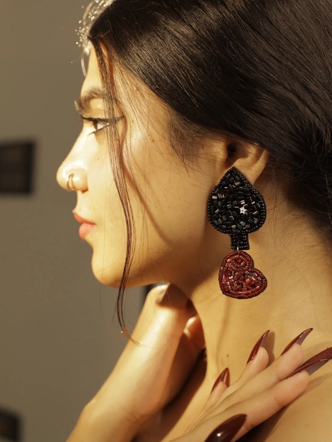 Balck & Maroon Beaded Tash Party Earring