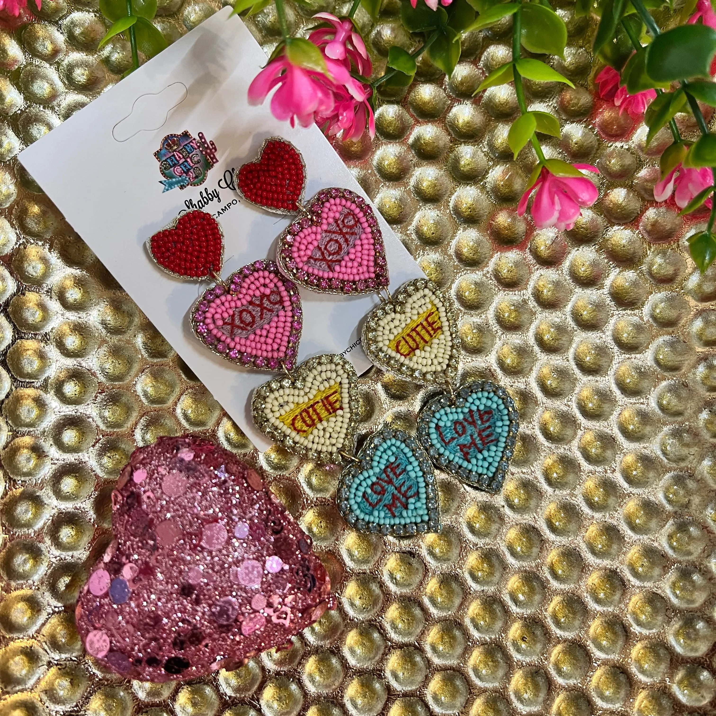 Beaded Conversation Heart Earrings - XOXO, Cutie, Love Me