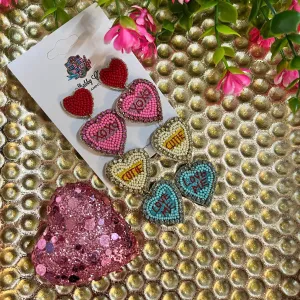 Beaded Conversation Heart Earrings - XOXO, Cutie, Love Me