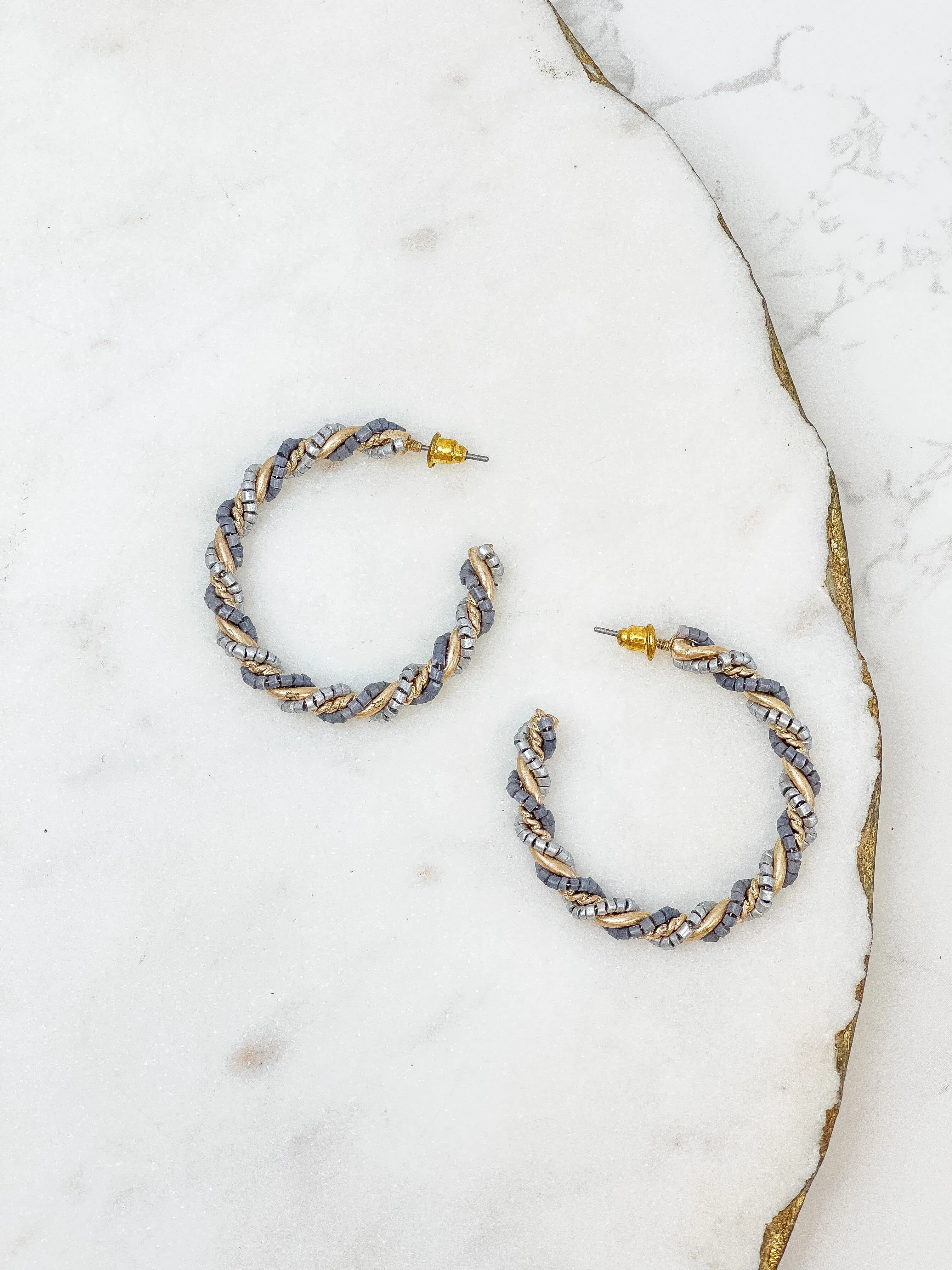 Beaded Twist Hoop Earrings - Gray
