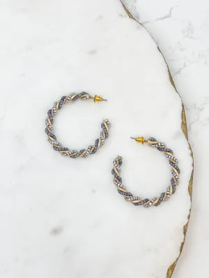 Beaded Twist Hoop Earrings - Gray