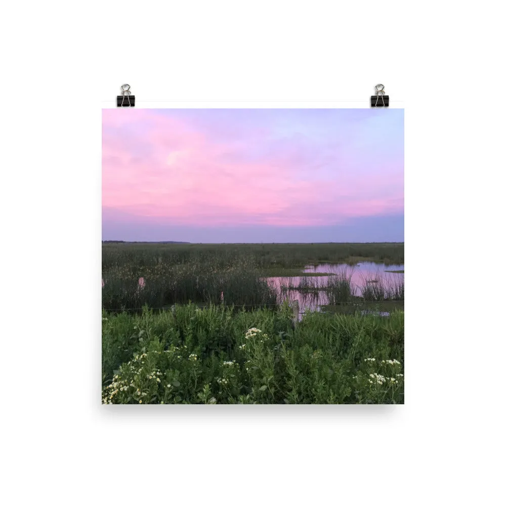 Beautiful soft pink and blue sunset over reflective water - Print