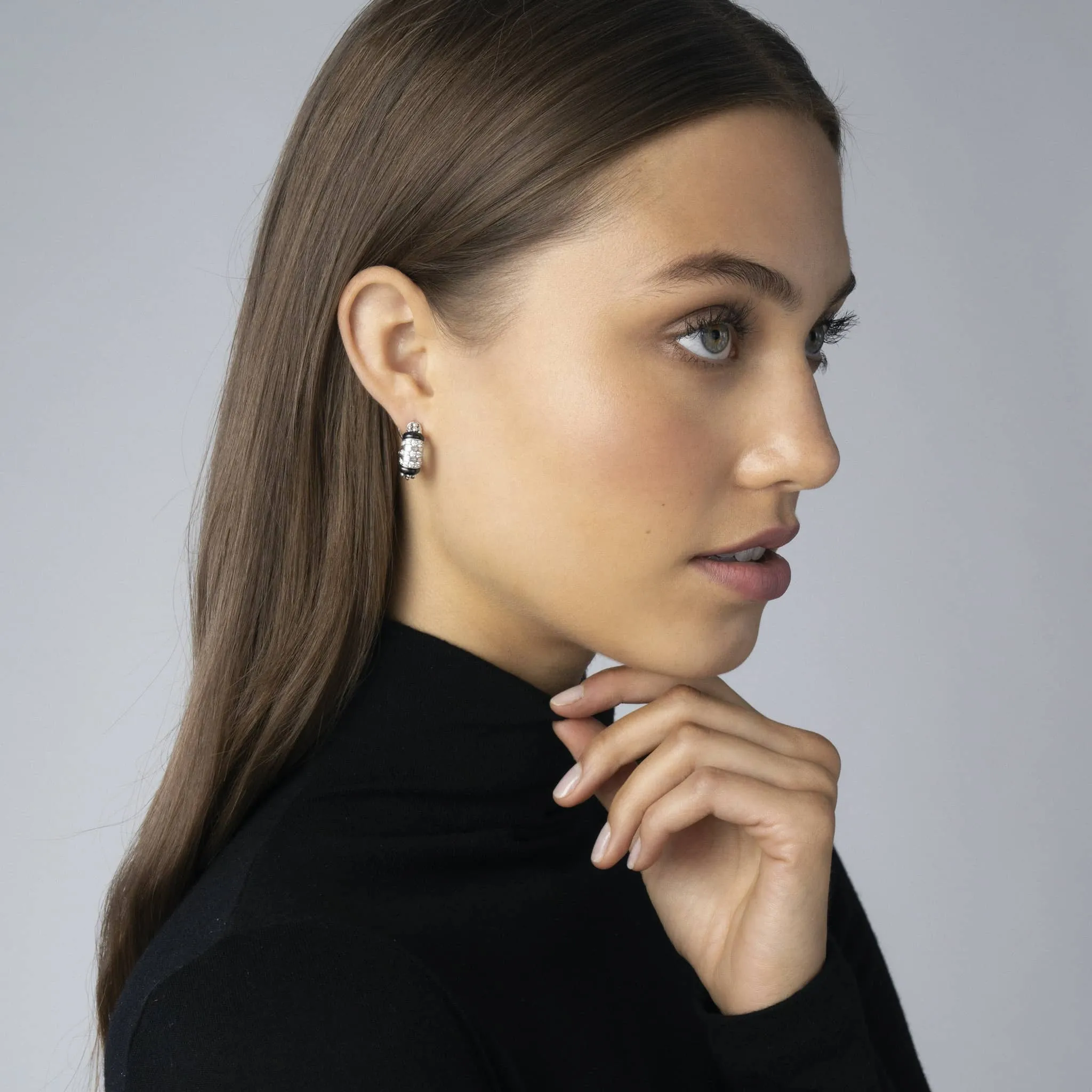 Black Caviar Three Station Ceramic Diamond Hoop Earrings