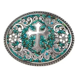 Blazin Roxx Oval Turquoise Stone Buckle with Silver Cross