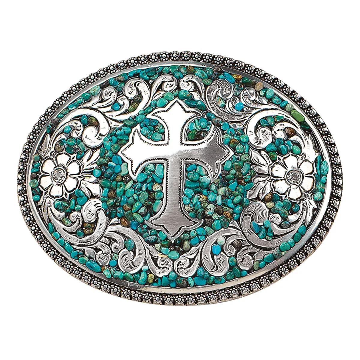 Blazin Roxx Oval Turquoise Stone Buckle with Silver Cross