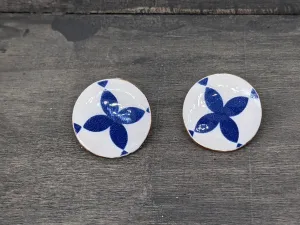 Blue & White Wood Round Stud Earring